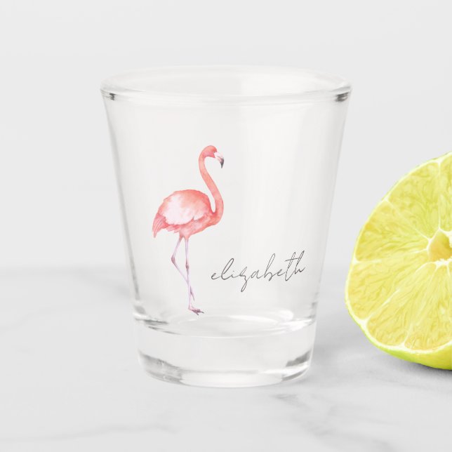 Watercolor Pink Flamingo Personalised Shot Glass (Front)