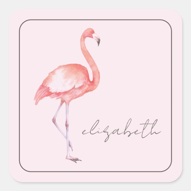 Watercolor Pink Flamingo Personalised Square Sticker (Front)