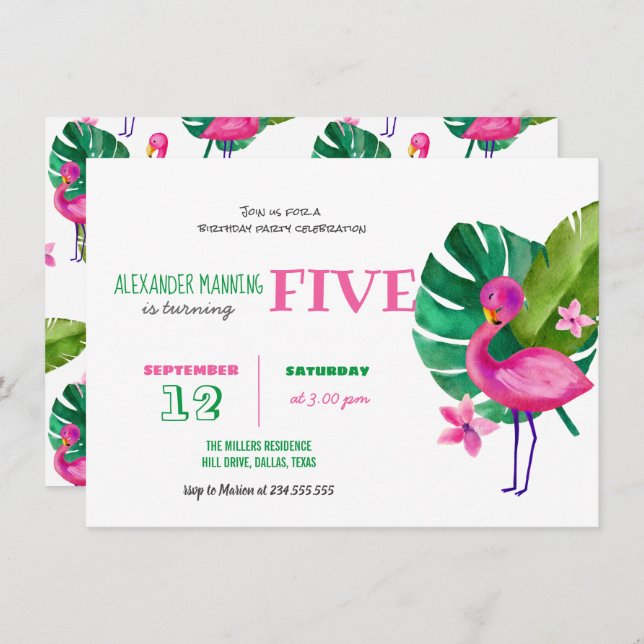Watercolor Pink Flamingo Tropical Birthday Invitation (Front/Back)