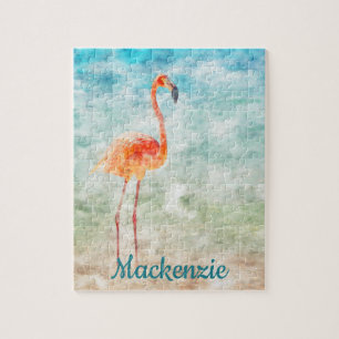 Watercolor Pink Flamingo Tropical Island Jigsaw Puzzle