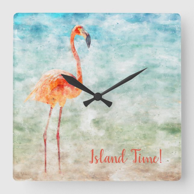 Watercolor Pink Flamingo | Tropical Island Time Square Wall Clock (Front)