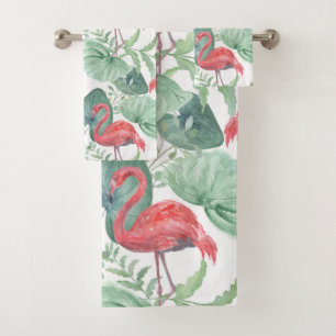 Watercolor Pink flamingos and leaves. Bath Towel Set