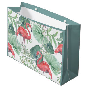 Watercolor Pink flamingos and leaves. Large Gift Bag