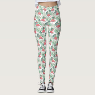 Watercolor Pink flamingos and leaves. Leggings