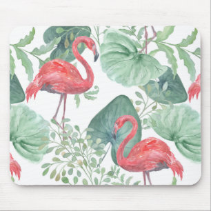 Watercolor Pink flamingos and leaves. Mouse Pad
