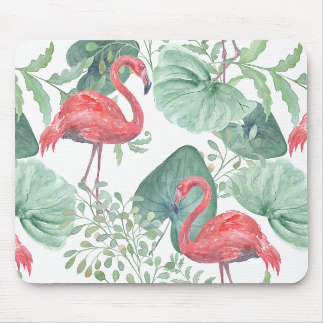Watercolor Pink flamingos and leaves. Mouse Pad (Front)