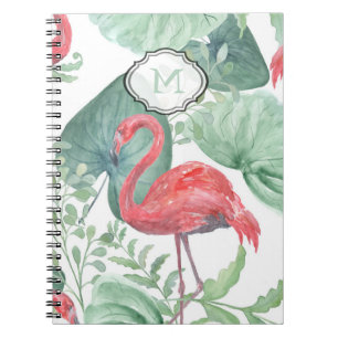 Watercolor Pink flamingos and leaves. Notebook