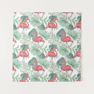 Watercolor Pink flamingos and leaves. Tapestry