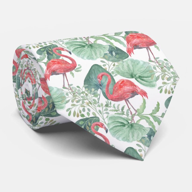 Watercolor Pink flamingos and leaves. Tie (Rolled)