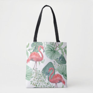 Watercolor Pink flamingos and leaves. Tote Bag