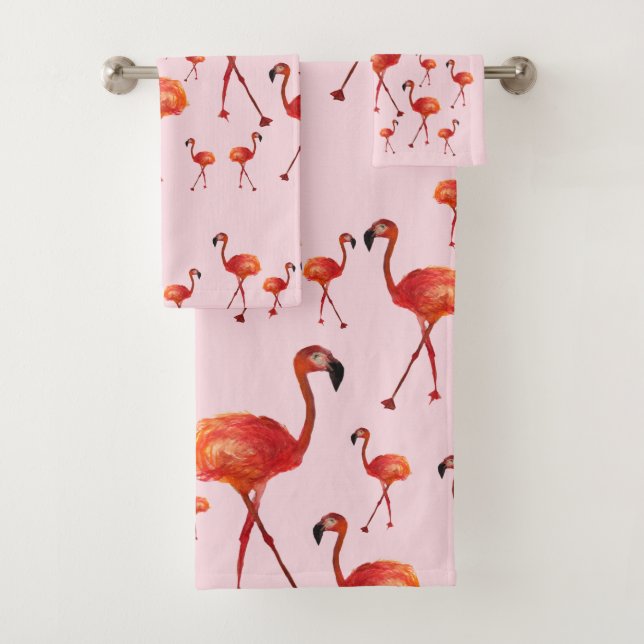 Watercolor Pink Flamingos Bathroom Towel Set (Insitu)