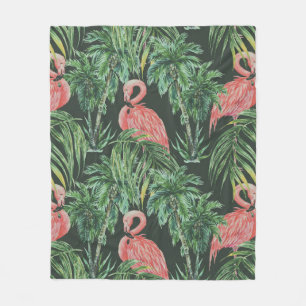 Watercolor pink flamingos, exotic birds, tropical fleece blanket