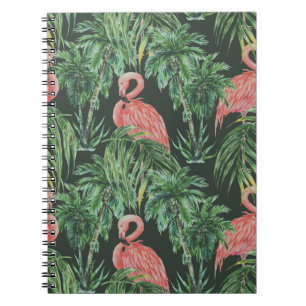 Watercolor pink flamingos, exotic birds, tropical  notebook