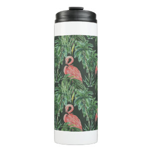 Watercolor pink flamingos, exotic birds, tropical thermal tumbler