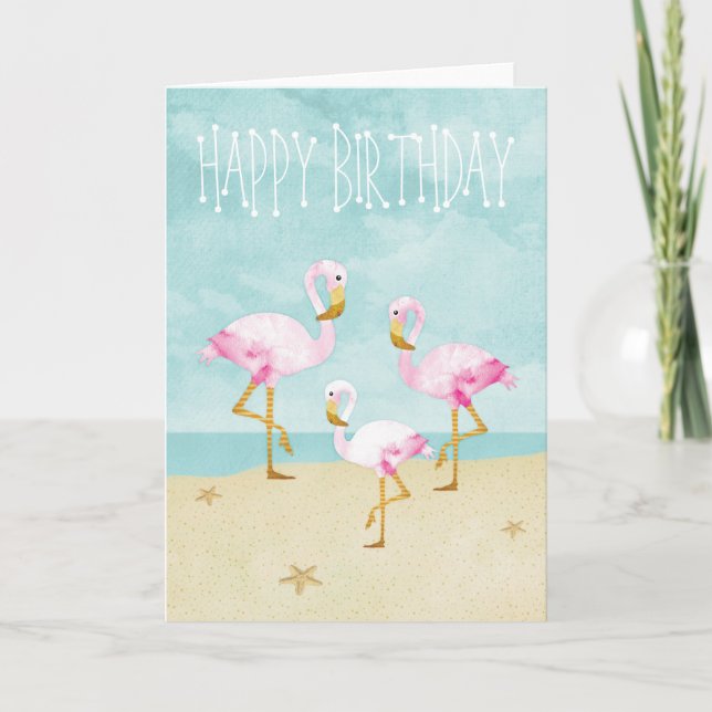Watercolor Pink Flamingos on the Beach Card (Front)