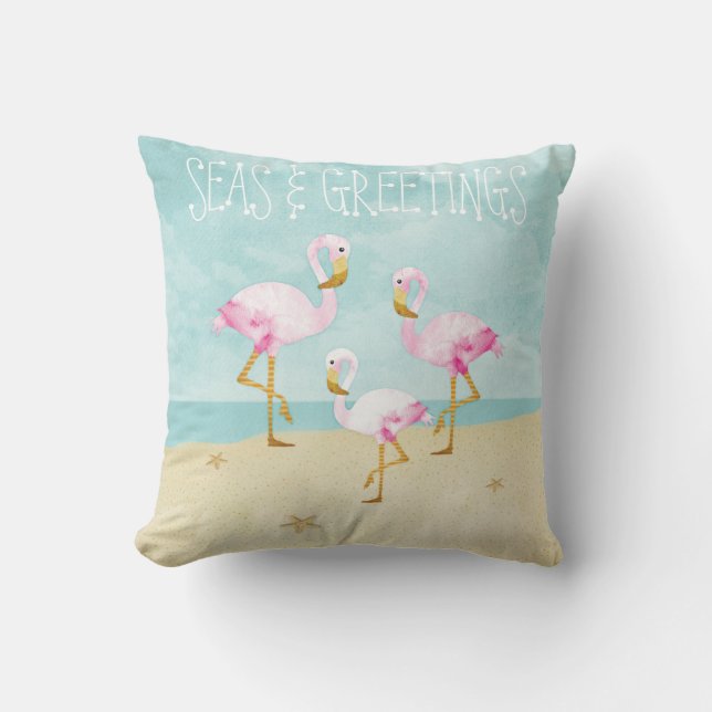 Watercolor Pink Flamingos on the Beach Cushion (Front)