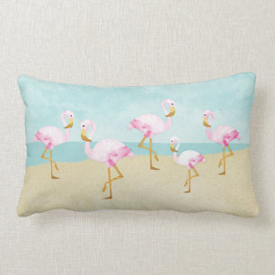Watercolor Pink Flamingos on the Beach Lumbar Cushion