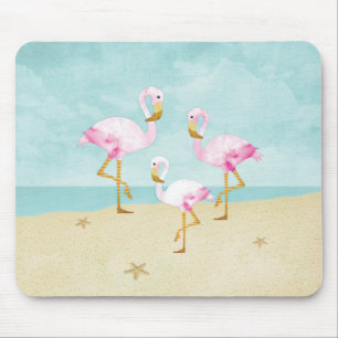 Watercolor Pink Flamingos on the Beach Mouse Pad