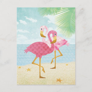 Watercolor Pink Flamingos on the Beach Postcard