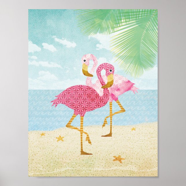 Watercolor Pink Flamingos on the Beach Poster (Front)