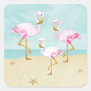Watercolor Pink Flamingos on the Beach Square Sticker