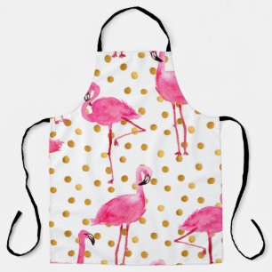 Watercolor pink flamingos with golden dots seamles apron