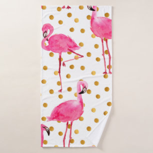 Watercolor pink flamingos with golden dots seamles bath towel