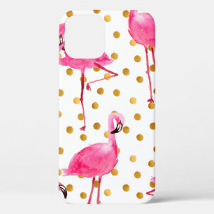 Watercolor pink flamingos with golden dots seamles iPhone 12 case