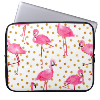 Watercolor pink flamingos with golden dots seamles laptop sleeve