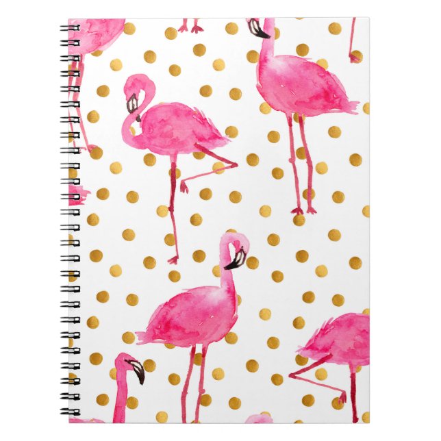Watercolor pink flamingos with golden dots seamles notebook (Front)