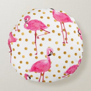Watercolor pink flamingos with golden dots seamles round cushion