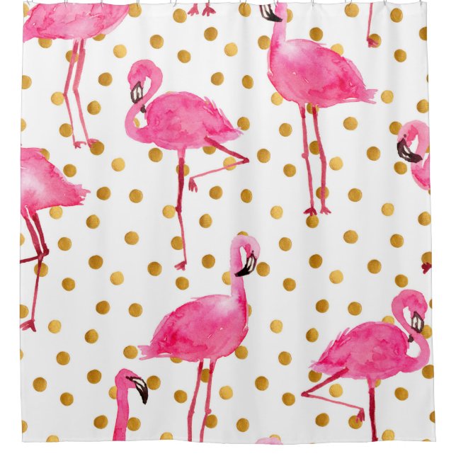 Watercolor pink flamingos with golden dots seamles shower curtain (Front)