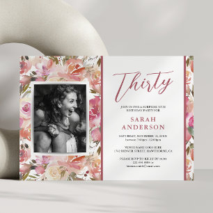 Watercolor Pink Floral 30th Birthday Party Invitation