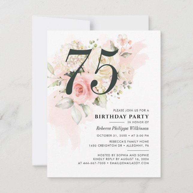 Watercolor Pink Floral 75th Birthday Party Invitation (Front)