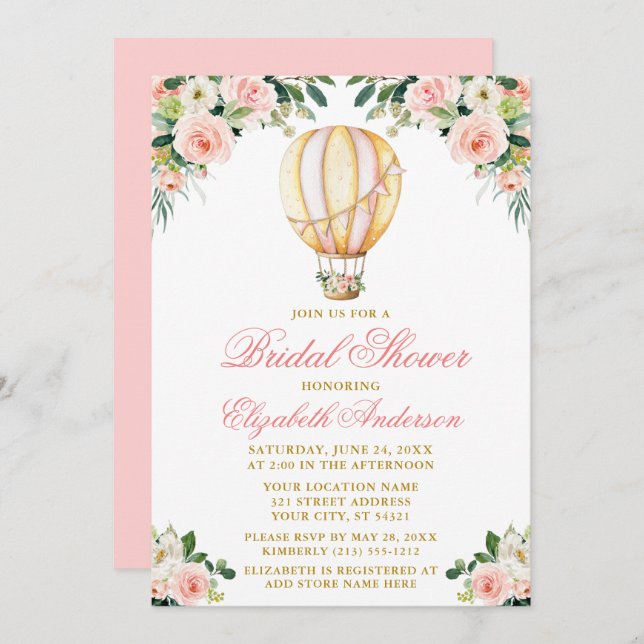 Watercolor Pink Floral Air Balloon Bridal Shower Invitation (Front/Back)