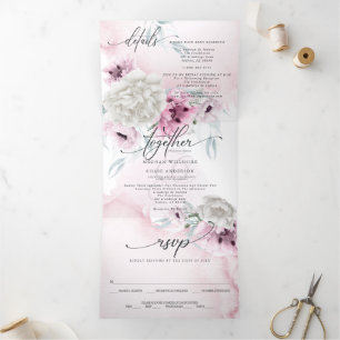 Watercolor Pink Floral ALL IN ONE WEDDING  Tri-Fold Invitation