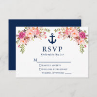 Watercolor Pink Floral Anchor Wedding Blue