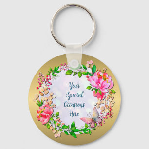 Watercolor Pink Floral and Butterfly Spring Throw Key Ring