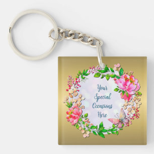 Watercolor Pink Floral and Butterfly Spring Throw Key Ring