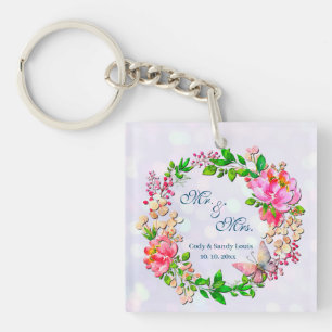 Watercolor Pink Floral and Butterfly Spring Throw Key Ring