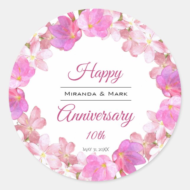 Watercolor Pink Floral Anniversary Wreath Classic Round Sticker (Front)