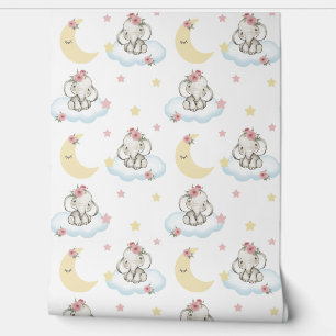 Watercolor Pink Floral Baby Elephant Clouds Stars  Wallpaper