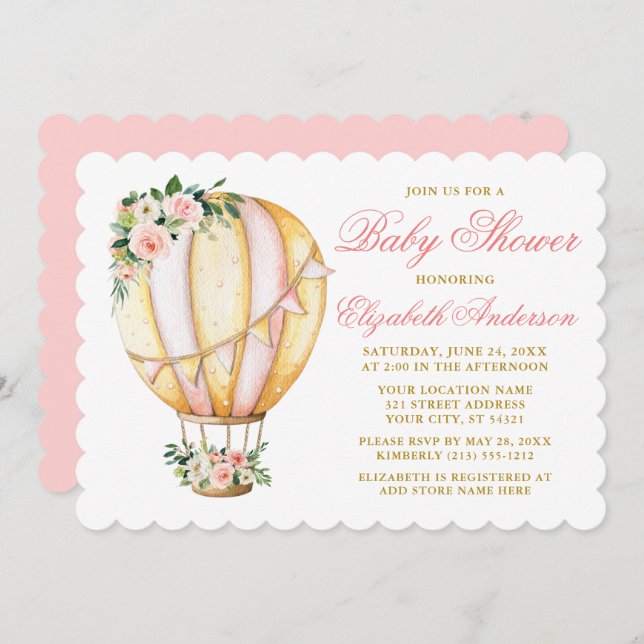 Watercolor Pink Floral Baby Shower Air Balloon Invitation (Front/Back)