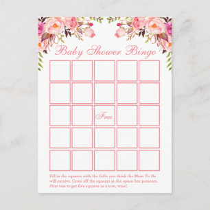 Watercolor Pink Floral Baby Shower Bingo Card