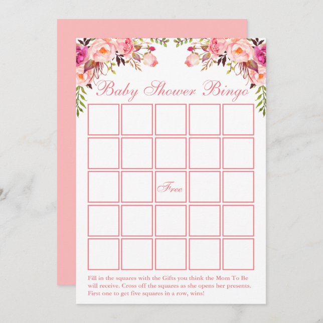 Watercolor Pink Floral Baby Shower Bingo Card (Front/Back)