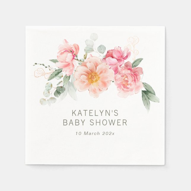 watercolor pink floral baby shower  napkin (Front)