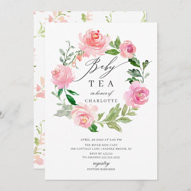 Watercolor Pink Floral Baby Shower Tea Invitation (Front/Back)