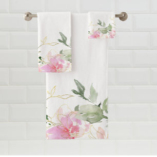 Watercolor Pink Floral Bath Towel set