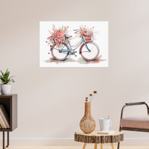 Watercolor Pink Floral  Bicycle Poster