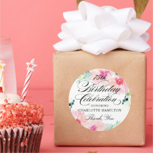 Watercolor Pink Floral Birthday Thank You Classic Round Sticker